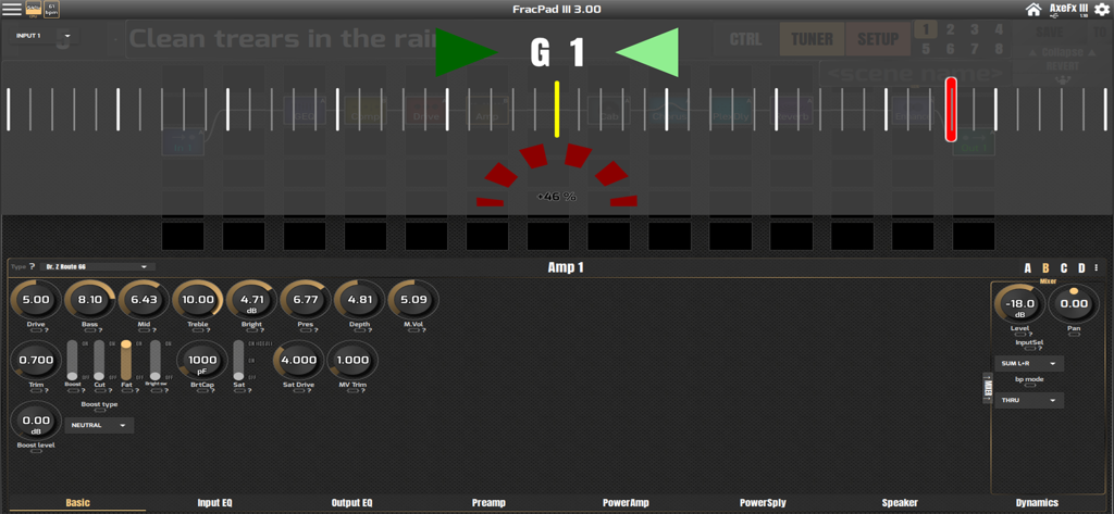 FracPad III app interface showing guitar tuner and amp settings for Axe-Fx III