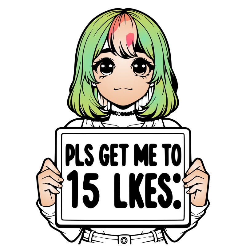 realistic girl holding up a sign that says “pls get me to 15 likes!”