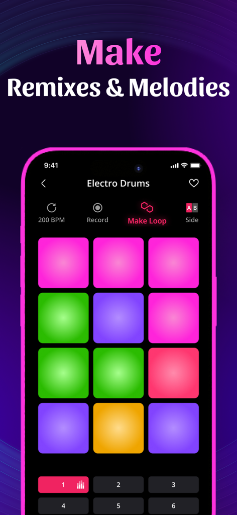 A colorful 12-pad grid interface for an electro drum pad app with options to record and make loops