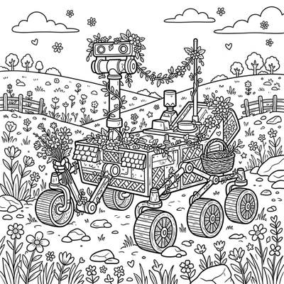 Embark on an unexpected journey with this charming Mars Rover coloring page, beautifully reimagined with a cozy Cottagecore aesthetic. Discover a futuristic explorer adorned with wildflowers, nestled in a peaceful, pastoral landscape.