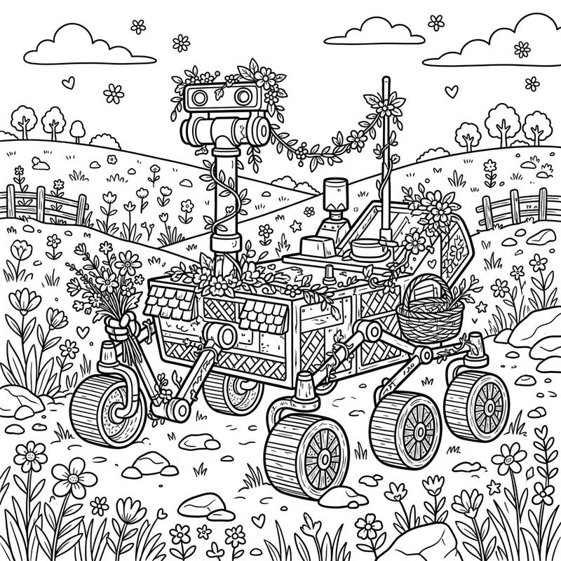 Embark on an unexpected journey with this charming Mars Rover coloring page, beautifully reimagined with a cozy Cottagecore aesthetic. Discover a futuristic explorer adorned with wildflowers, nestled in a peaceful, pastoral landscape.