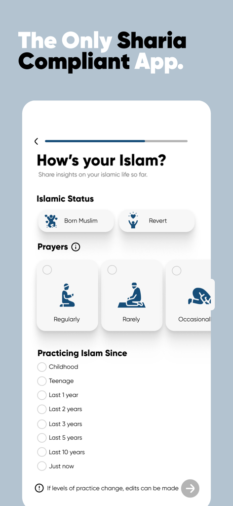 Sunnah Match: Muslim Marriage - Écran de l'application Sunnah Match pour la configuration du profil de compatibilité religieuse montrant les habitudes de prière et le statut islamique