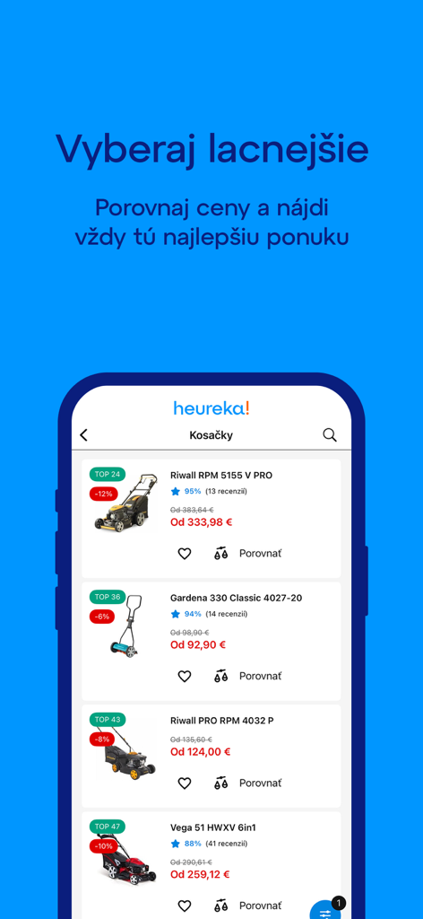 Écran de l'application Heureka.sk montrant les comparaisons de prix et les évaluations des tondeuses à gazon