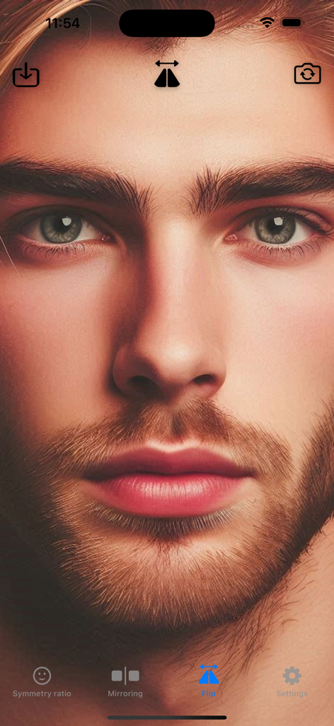 Facial Symmetry - Close up of a man's face in the Facial Symmetry app using the flip feature interface
