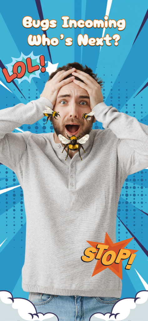 Insect & Bug: Funny Filters - Un hombre reaccionando con shock a los filtros realistas de abejas en su cara de la app Insect and Bug