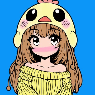 anime girl with chick shaped hat with sweater with bare shoulders with bangs covering them one eye with low tail