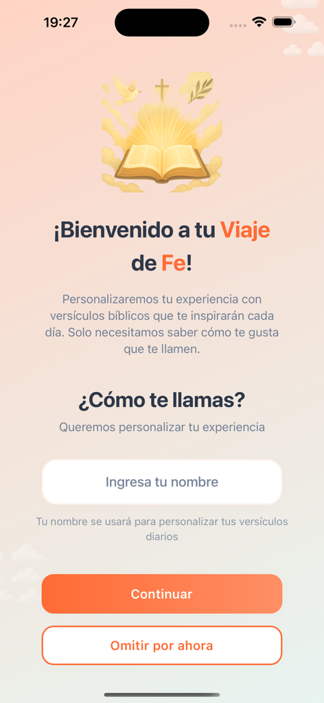 Versículos Diarios Cristianos - Pantalla de bienvenida de la aplicacion de versiculos cristianos en espanol pidiendo el nombre del usuario para personalizar su experiencia espiritual.