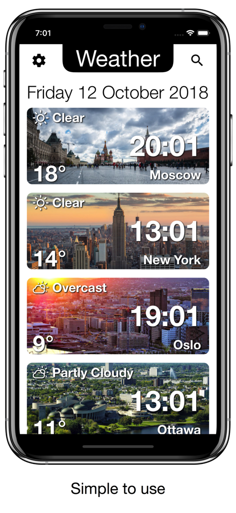 ニューヨークの現在の時刻アプリのインターフェース。世界中の複数の都市の現在の時刻と気象状況を表示しています。
