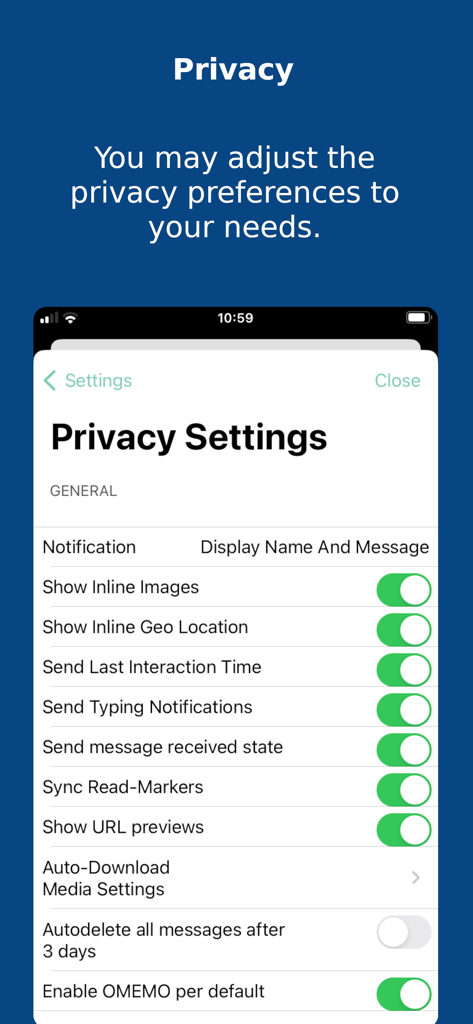 Quicksy - Quicksy app privacy settings screen showing granular controls for messaging and data security