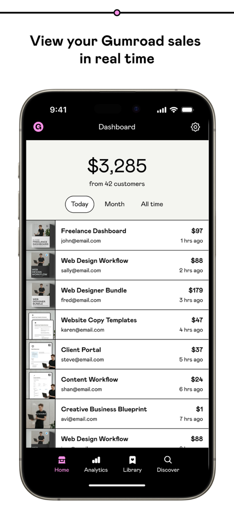 Gumroad mobile app dashboard showing real time sales data and a list of digital product purchases for a creator