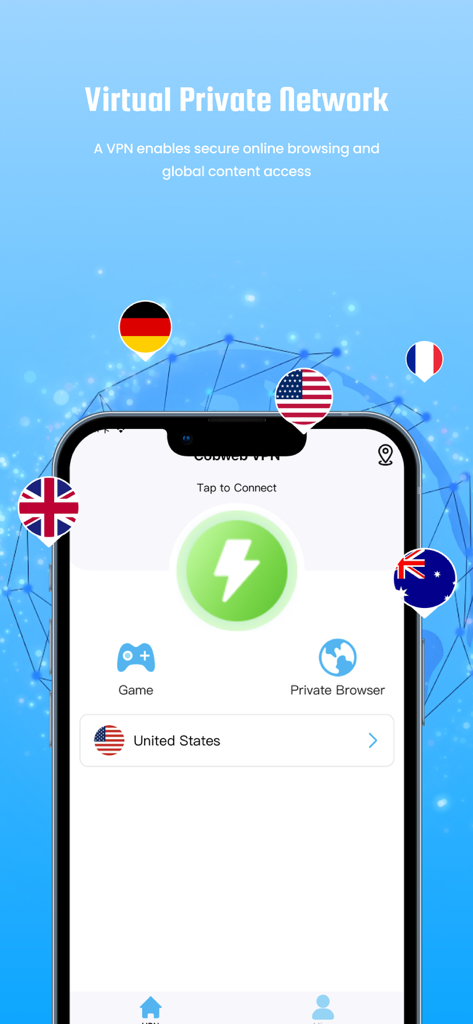 FlashVPN: Fast&Unlimited Proxy - FlashVPN app interface showing global server options and a one-tap connect button for secure browsing.