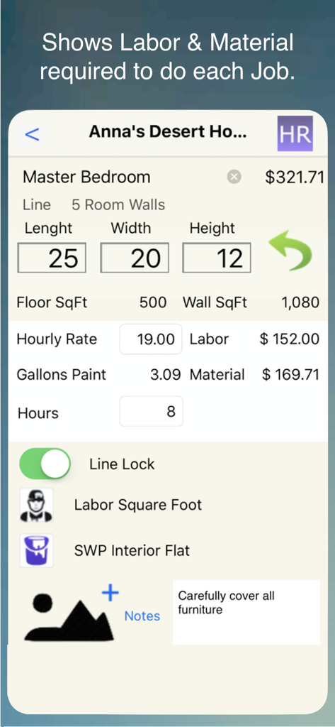 Interface do aplicativo para empreiteiro de pintura mostrando dimensões de cômodo com cálculos automatizados de custos de mão de obra e material