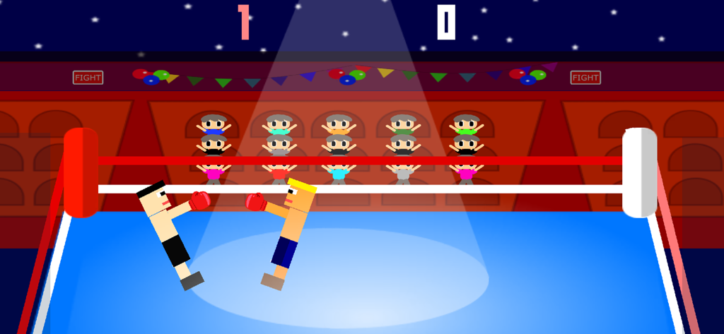 Bouncy Boxing - Two blocky characters boxing in a colorful ring with a crowd and scoreboard
