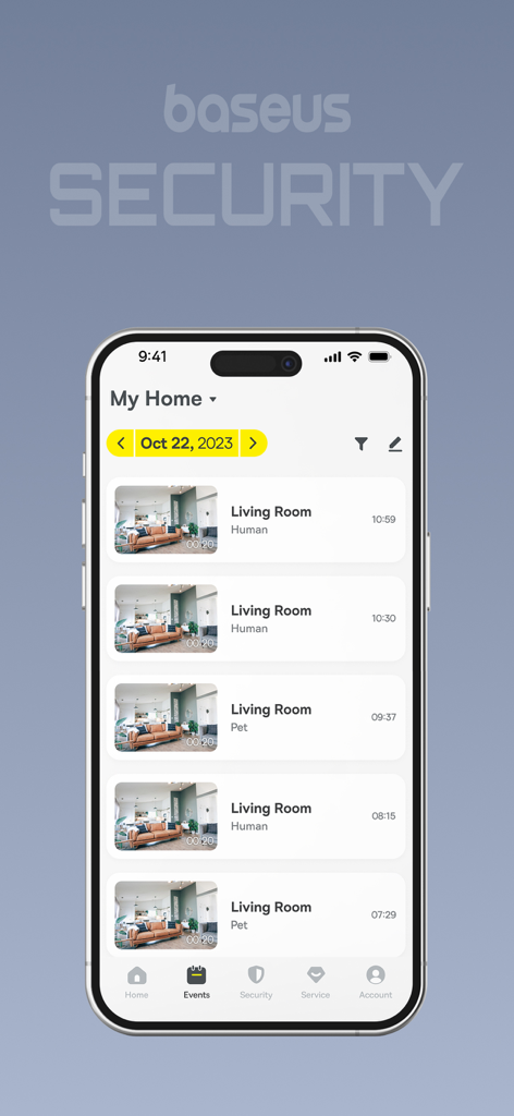 baseus Security - Baseus Security mobile app interface showing a list of motion detection events for human and pet activity in the living room.