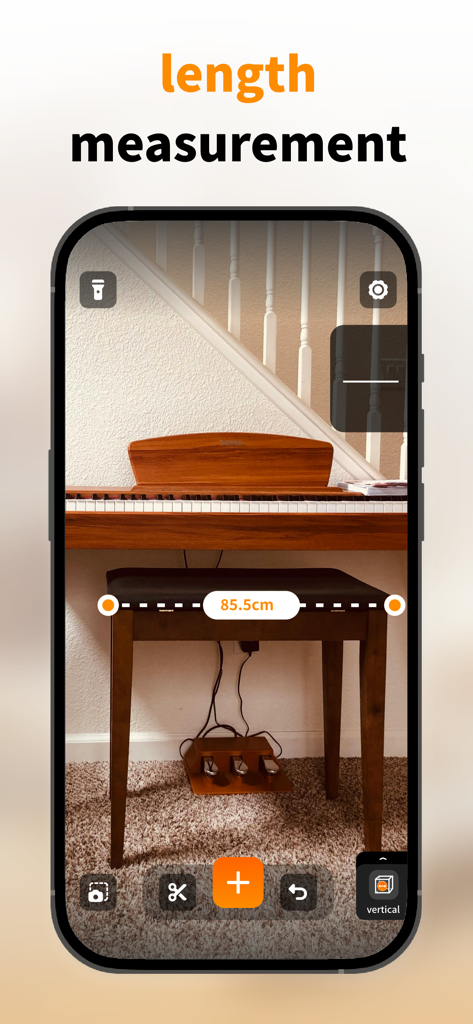 AR Ruler Measuring Instrument - Aplicativo de régua AR medindo o comprimento de um banco de piano em centímetros