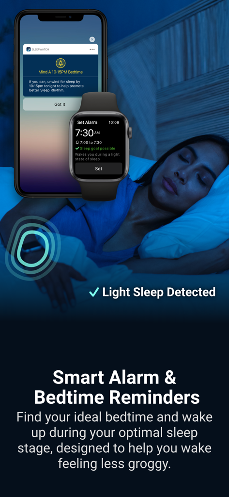 SleepWatch - Top Sleep Tracker - Die SleepWatch-App-Oberfläche mit intelligentem Alarm und Schlafenszeit-Erinnerungen auf iPhone und Apple Watch.