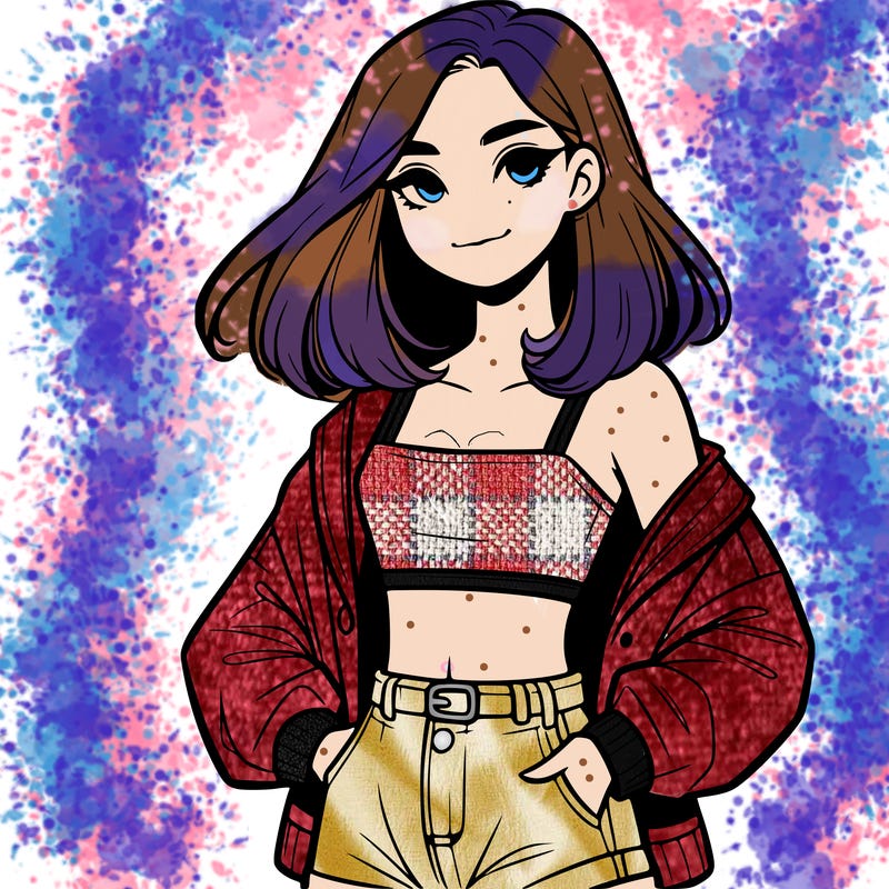 a realistic girl with a crop top and short shorts in an open jacket