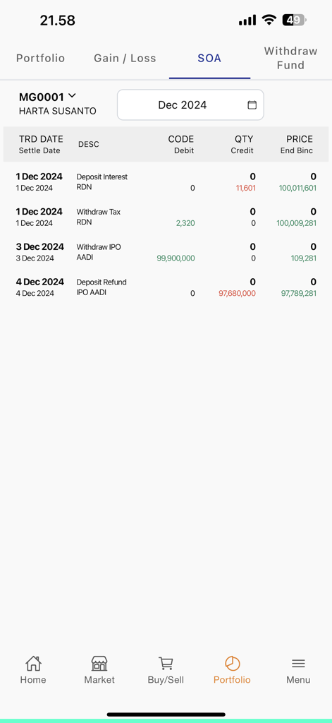 Semesta Online - Statement of Account screen in the Semesta Online mobile trading app showing transaction details and history.
