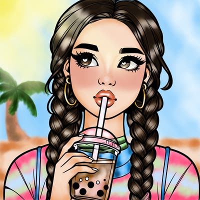 realistic girl with braided hair drinking boba