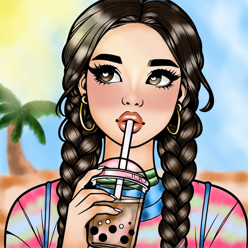 realistic girl with braided hair drinking boba