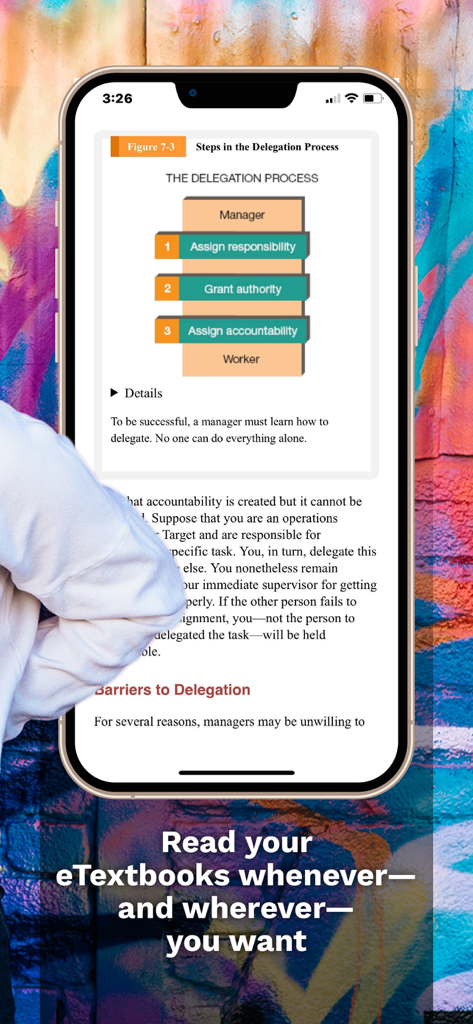 Cengage Read - An iPhone displaying an eTextbook page about the delegation process within the Cengage Read mobile app