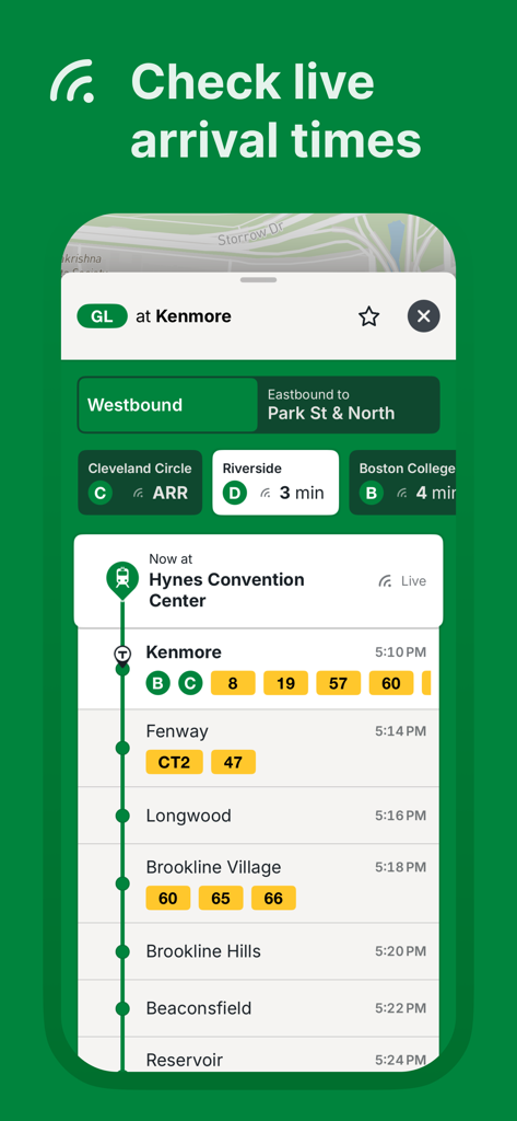 MBTA Go app interface showing live arrival times and route information for Boston Green Line trains at Kenmore station