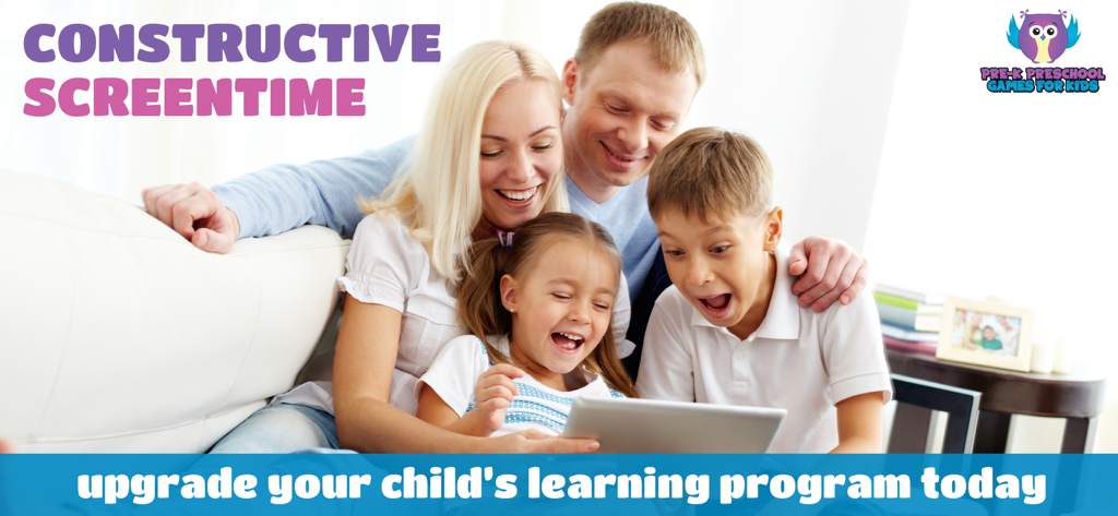 Pre-K Preschool Games for Kids - A happy family sitting together on a sofa while using the Pre-K Preschool Games app on a tablet