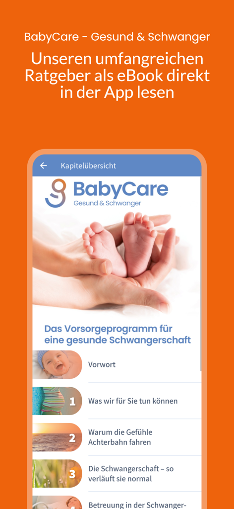 산전 건강의 다양한 챕터가 포함된 목차를 보여주는 BabyCare 임신 가이드 전자책의 인앱 스크린샷