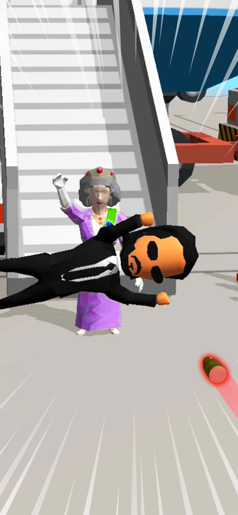 A secret service agent jumps in the air to block a bullet for a VIP queen near an airplane