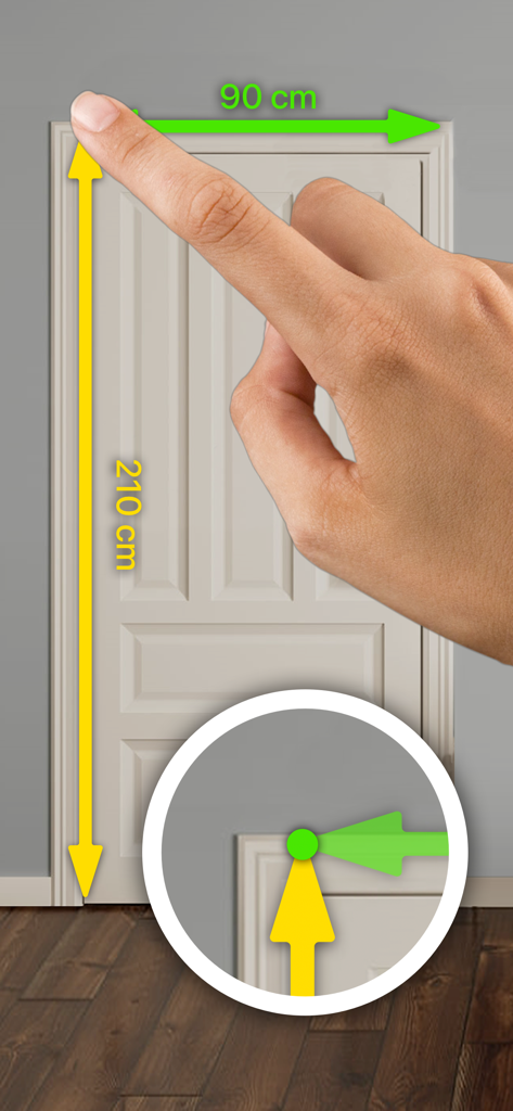 My Measures PRO + AR Measure - Una mano usando la aplicación para añadir mediciones digitales de altura y anchura a una foto de una puerta con una herramienta de zoom de precisión