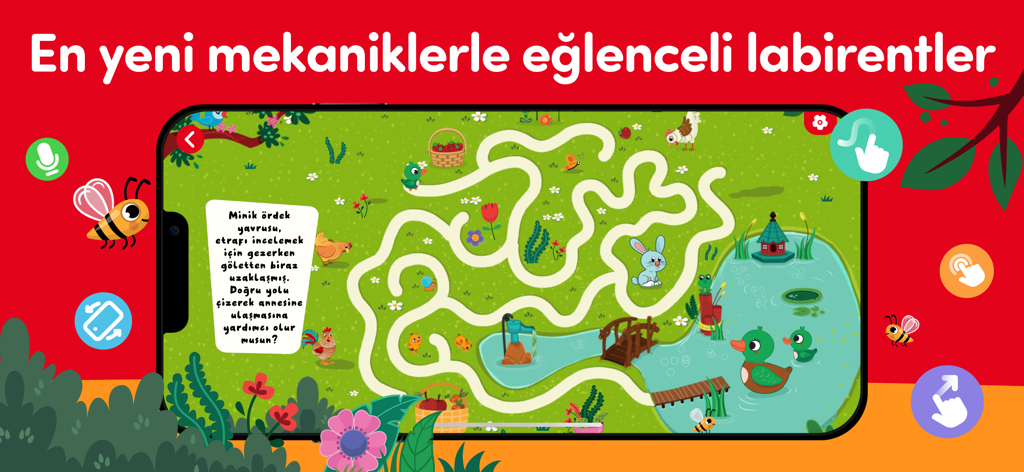 Un juego de laberinto interactivo en la aplicación Ketebe Cocuk donde un niño ayuda a un patito a encontrar a su madre en un entorno de granja.