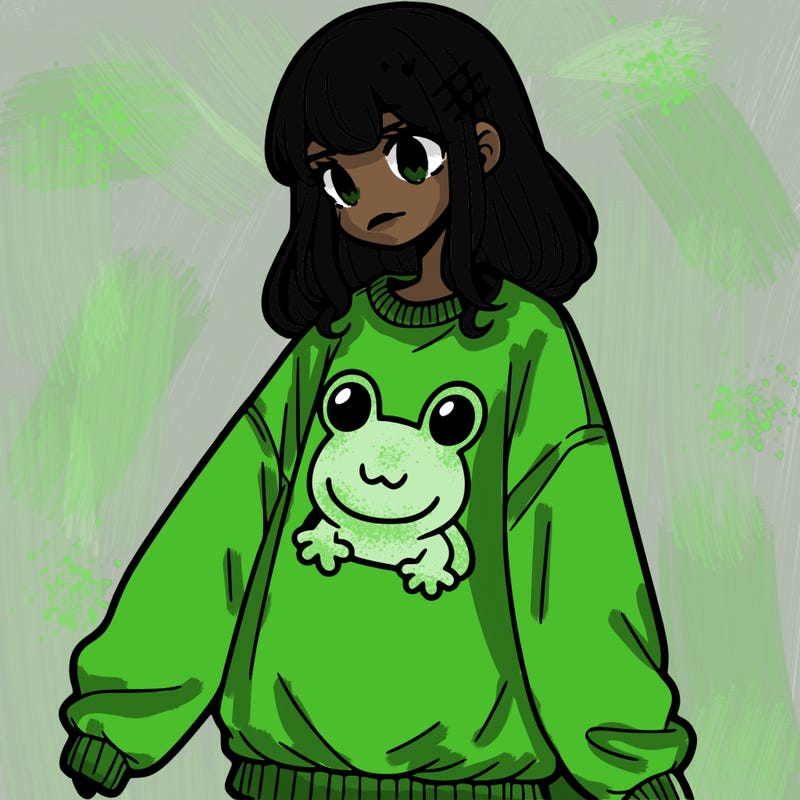 girl wearing frogging sweatshirt