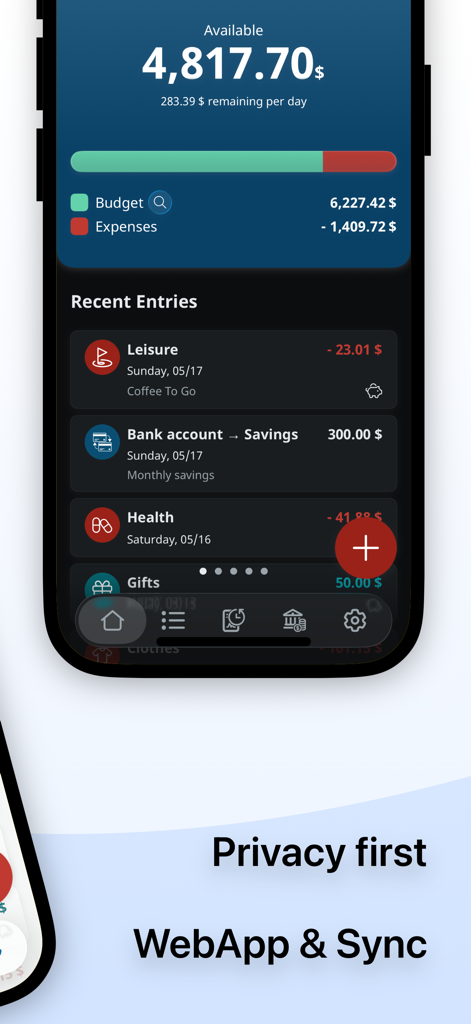MoneyControl Spending Tracker - MoneyControl app dashboard on an iPhone showing budget overview, recent entries, and privacy first tagline.