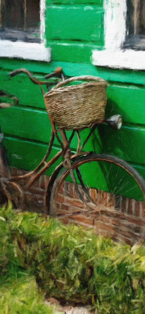 Artista Impresso - Pintura impresionista de una bicicleta vintage con una cesta contra una pared verde