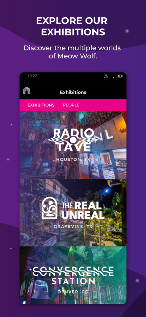 Schermata dell'app Meow Wolf che mostra un elenco di sedi espositive tra cui Houston Grapevine e Denver