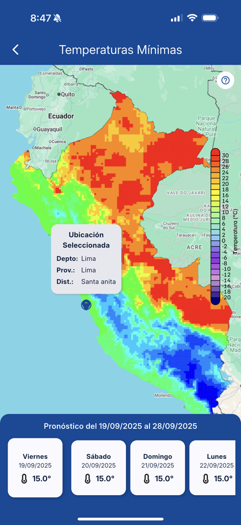 SENAMHI PERU Móvil - Temperature heat map of Peru in the SENAMHI mobile app showing minimum temperatures and a weekly forecast