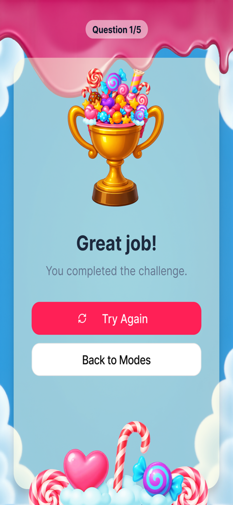 Candy Dough Lab - Pantalla de la aplicación Candy Dough Lab que muestra la finalización exitosa de un quiz con un trofeo lleno de caramelos.
