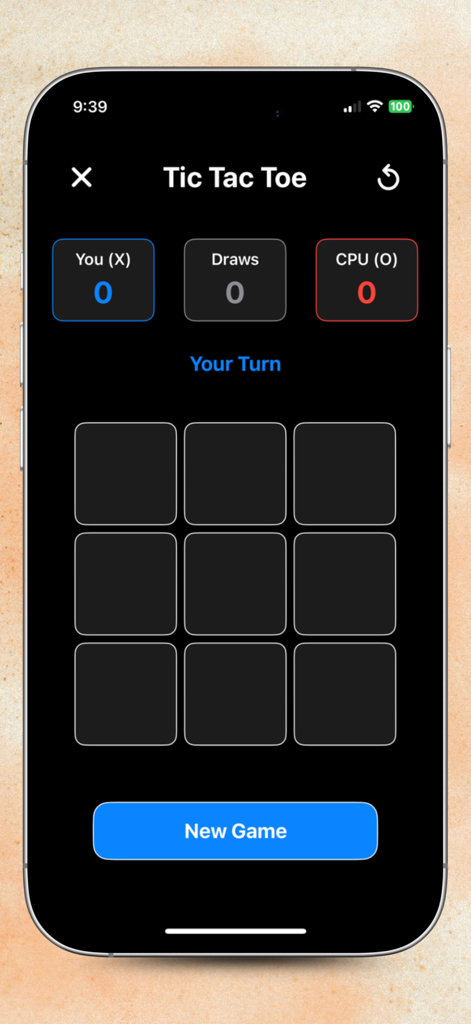 Cheto 8 ball pool - Tic Tac Toe game interface in dark mode showing the scoreboard and game grid.