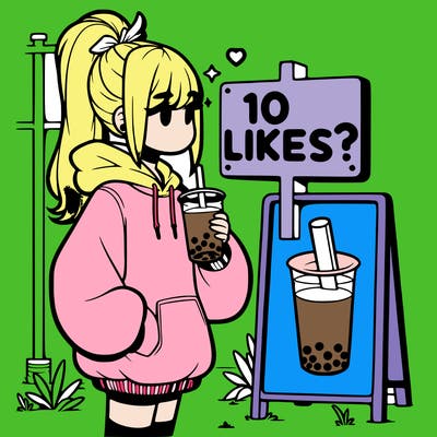 girl with oversized hoodie drinking boba and she has a high ponytail with a sign that says 10likes?