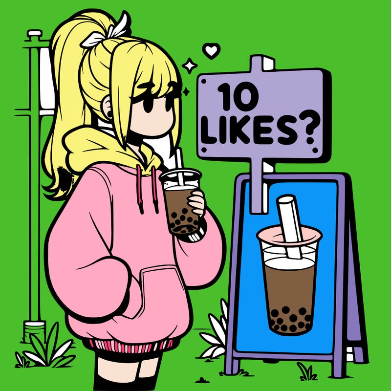 girl with oversized hoodie drinking boba and she has a high ponytail with a sign that says 10likes?