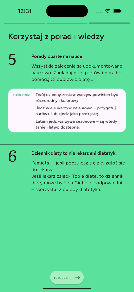 Dziennik Diety app onboarding screen with science based dietary advice and health disclaimer
