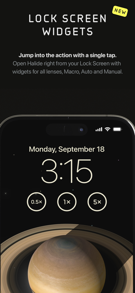 Halide Mark II - Pro Camera - Widgets de pantalla de bloqueo de cámara de Halide Mark II que muestran atajos de longitud focal de lente