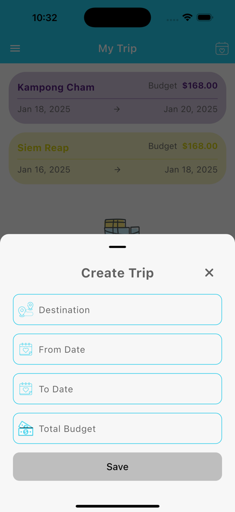 Screen showing the Create Trip form with destination, dates, and budget fields in the Trip Planner app