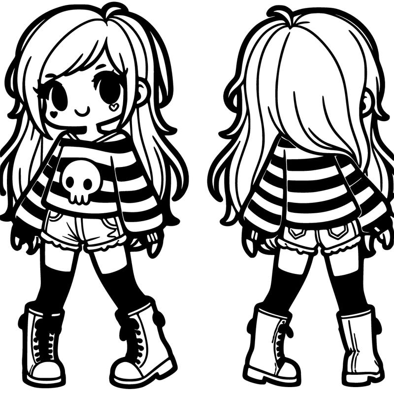 girl whith long striped sleeved skull shirt whith long hair shorts knee high boots