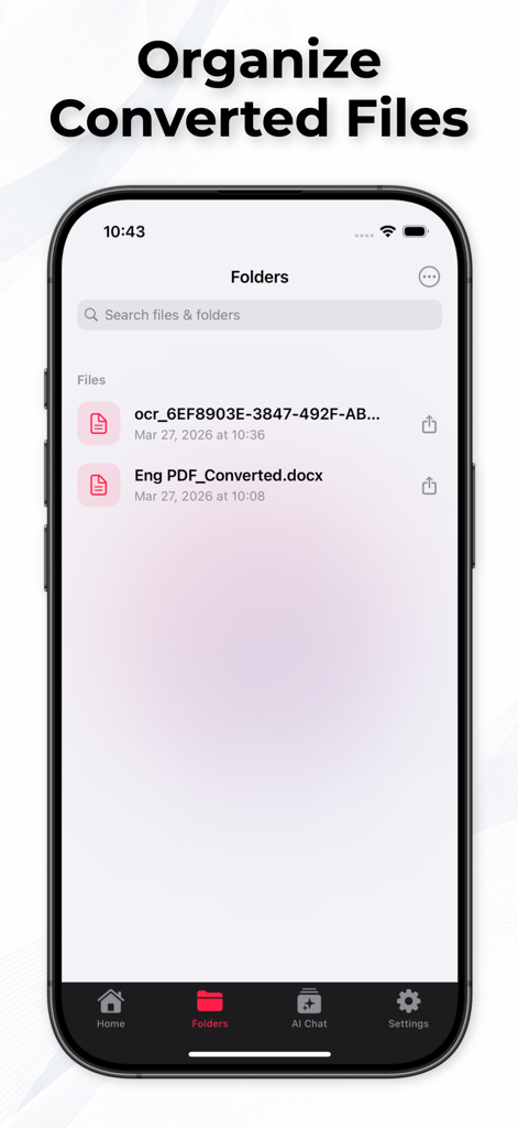 PDF to Word: File Converter AI - Mobile app interface showing organized converted PDF and Word documents in folders