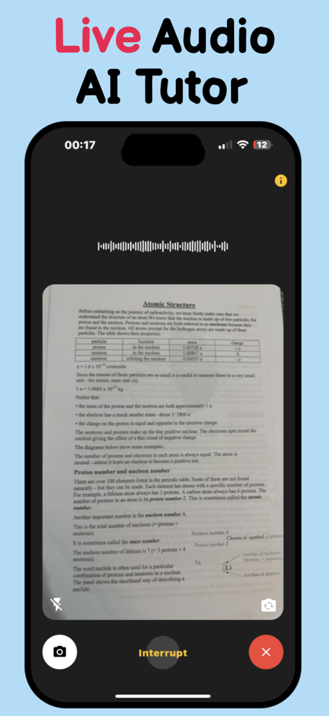 StudyHub - App mobile StudyHub con un tutor audio AI dal vivo che aiuta uno studente con una pagina di libro di testo di fisica sulla struttura atomica