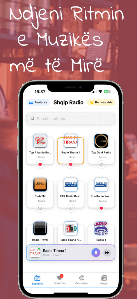 Shqip FM – Muzikë & Lajme - A smartphone displaying the Shqip FM app with a selection of Albanian radio stations including Radio Tirana