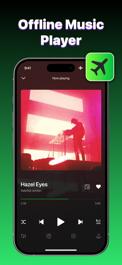 Interfaz del reproductor de música sin conexión Spotubes mostrando una canción reproduciéndose en un iPhone
