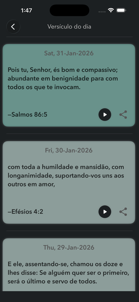 Bíblia Sagrada em Português - Tela de versículos bíblicos diários no aplicativo Bíblia Sagrada em Português mostrando passagens de Salmos e Efésios.