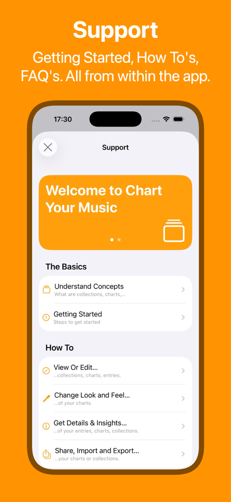 Chart Your Music - Support and help menu of the Chart Your Music app displaying how to guides and basic concepts